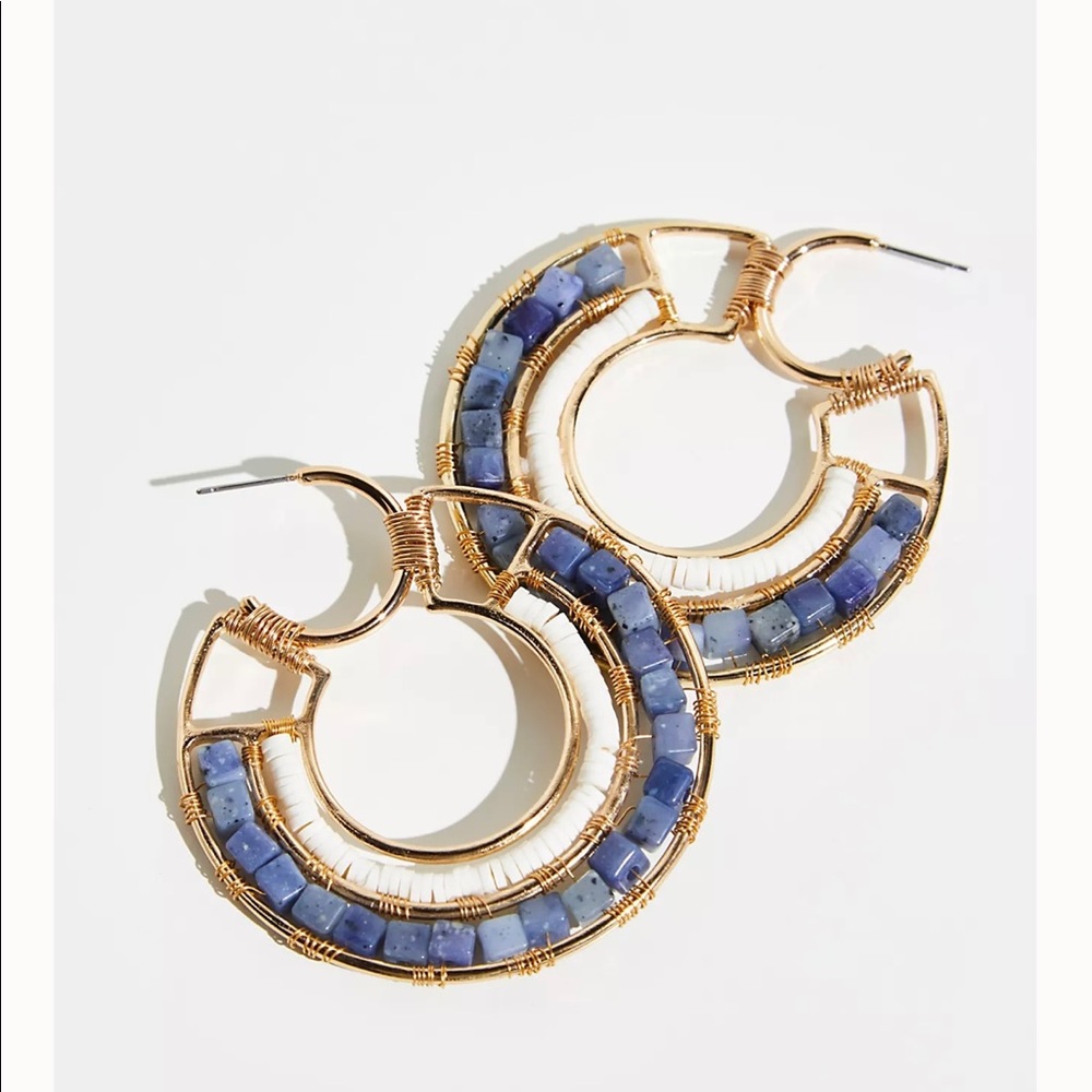 Free People Gold Hoop Earrings with Blue Beaded Inlay